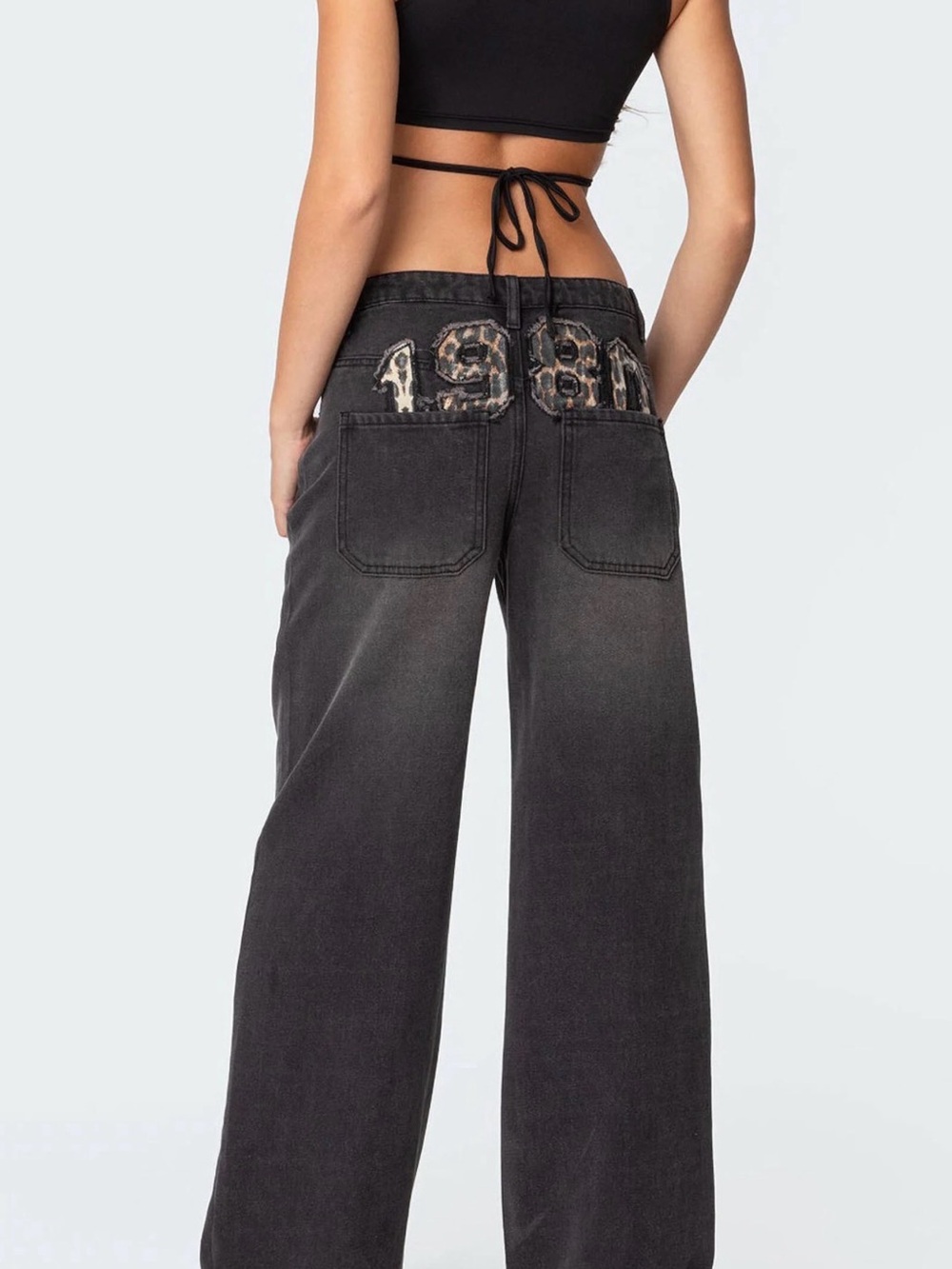 Edikted Washed Black Wide-Leg Jeans with Embroidered Back Detail